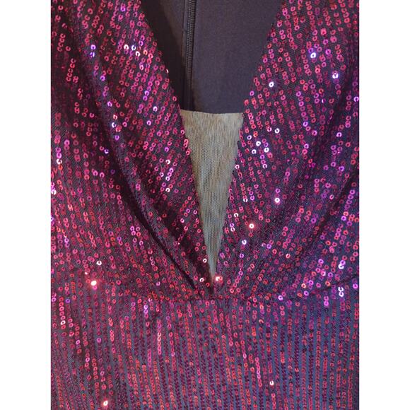 Mac Duggal Magenta Sequin Puff Sleeve V-Neck Long Sleeve Midi Dress Size 16 - Picture 4 of 8